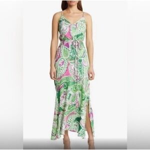 Sam Edelman Spring Paisley‎ Boho Maxi Dress Braided Trim Pink Green Sz 14 V-Neck